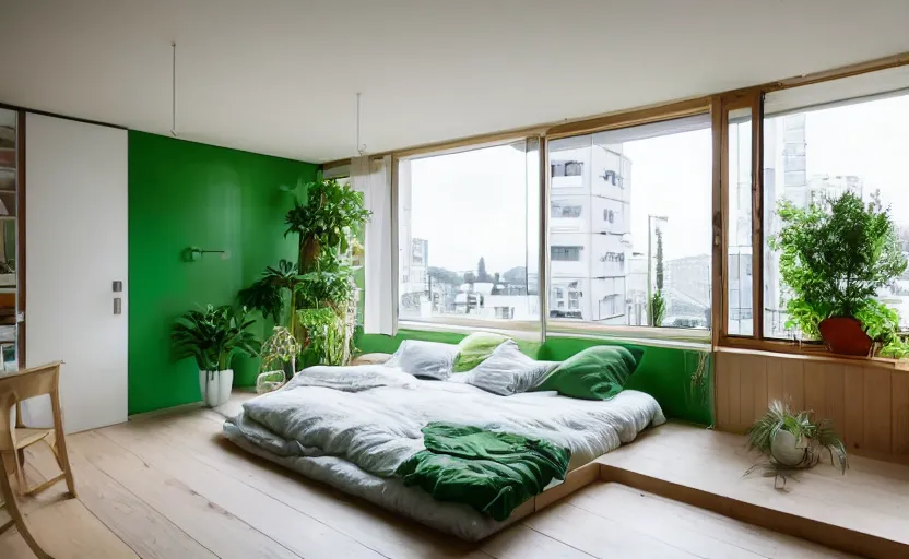 Image similar to a bright and cozy minimalist bedroom, white and pine wood, bed, cupboards, green potted plants, large window with a view of large concrete Japanese apartment blocks