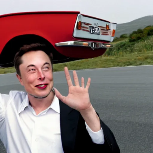 Image similar to close photo of elon musk waving from his lancia fulvia, award winning photograph