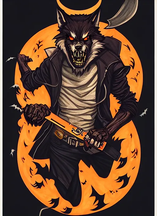 Image similar to concept art design illustration, halloween, werewolf, vampire, hunter, 1 6 colors, logo, ink drawing, art by jc leyendecker and sachin teng