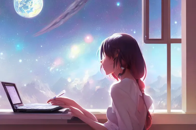 Prompt: a beautiful anime-style digital concept painting of a young woman studying on a laptop in front of a window with a view of the universe, by Stanley Artgerm Lau, WLOP, Rossdraws, LeraPi, and Sakimichan, trending on artstation