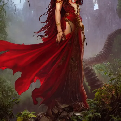 Image similar to a female draconic sorceress with curly red hair wearing a red dress and a red cloak exploring the ruins of an abandoned city in the jungle, fantasy, highly detailed, digital painting, artstation, concept art, character art, art by greg rutkowski and tyler jacobson and alphonse mucha