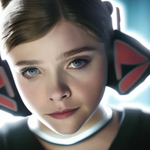 Image similar to Adult Chloe Moretz as Princess Leia, movie scene, skin pores, XF IQ4, 50mm, F1.4, studio lighting, professional, Look at all that detail!, Dolby Vision, UHD