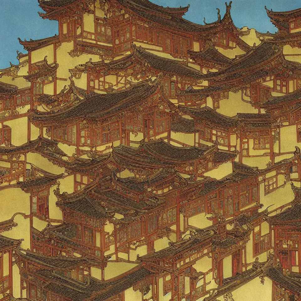 Prompt: a painting of hongcun ancient village houses by alphonse mucha and caravaggio and aaron horkey, dramatic lighting, analogous complementary colour scheme
