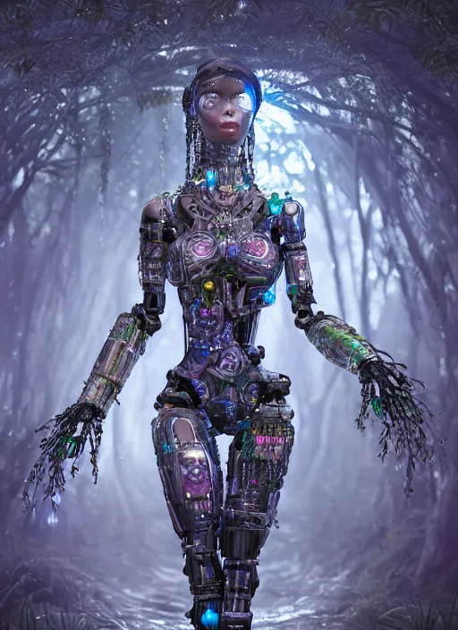 Image similar to beautiful female robot covered by plants and crystals in the mystical forest, beautiful symmetrical face, full body, immersed in the tree, chrome parts, opal crystals, renaissance style, cyber punk, sci - fi, baroque, cinematic light, mystical shadows, 8 k, octane render