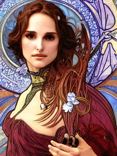 Prompt: a beautiful painting of natalie portman by Alphonse Mucha and by yoshitaka Amano and by Mark Brooks and by john william waterhouse and by arthur rackham, Art Nouveau, Neo-Gothic, gothic, award winning painting, hyperdetailed, detailed