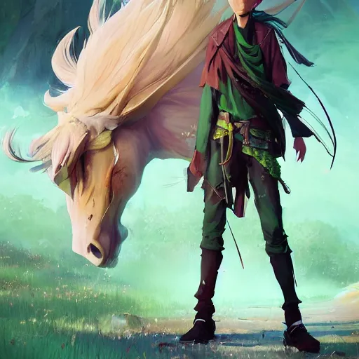 Image similar to a beautiful fullbody portrait of an anime boy with long straight green hair in a western fantasy bard style. character design by cory loftis, fenghua zhong, ryohei hase, ismail inceoglu and ruan jia. artstation, volumetric light, detailed, photorealistic, fantasy, rendered in octane