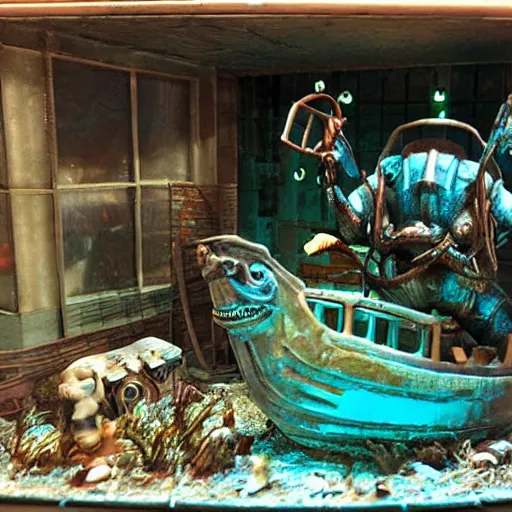 Image similar to big daddy from bioshock underwater realistic detailed diorama,