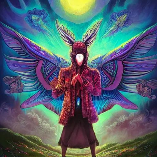 Image similar to 8K headshot Portrait of centered chest up of a psychedelic godlike mothman with giant mandala wings smoking a hand-rolled cigarette smoking heavily , magic mushroom village in background , post-processing , award winning. superb resolution. in the art style of junji Ito and greg rutkowski . Detailed Mushroom city in background. Hyper realistic anime. Perfect art. Dalle2