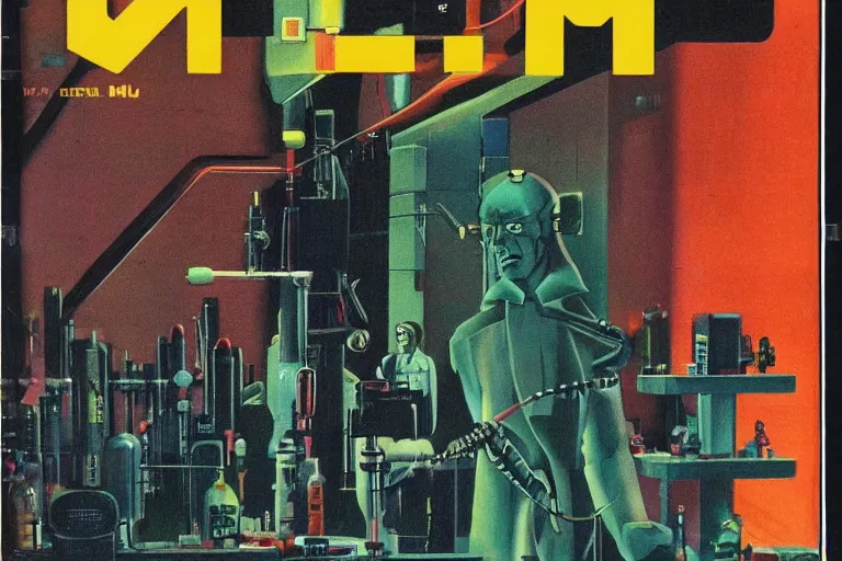 Image similar to 1979 OMNI Magazine Cover depicting a Mr Hyde standing in a laboratory. Cyberpunk Akira style by Vincent Di Fate