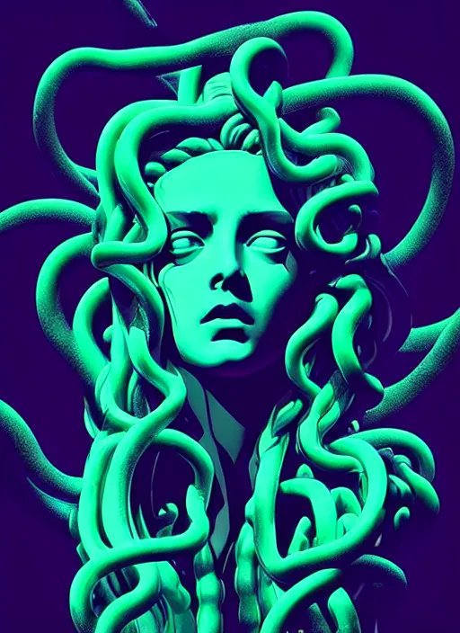 Image similar to statue of medusa, beeple, android jones, liam wong, ( ( ( ( ( dan mumford ) ) ) ) ), vaporwave, retrowave, black background, neon wiring, black, glitch, strong contrast, cuts, pinterest, trending on artstation