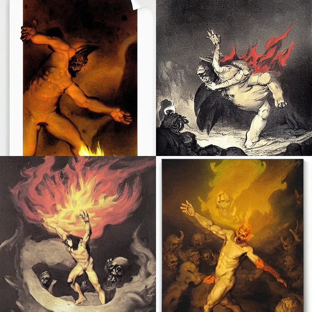 Prompt: falco lombardi burning in hell by fransisco goya