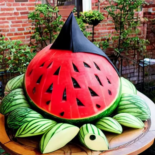 Image similar to an elaborate watermelon carving that looks like a batmobile made out of specially carved watermelon parts, spread out on a party platter ready for guests, photography, food and garden magazine,