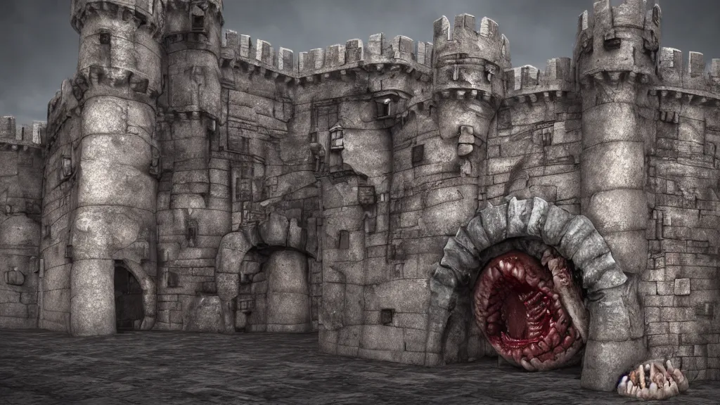 Prompt: castle gate but it is a gaping mouth with a lot of teeth inside, the flesh pulsating with worms, iltra quality, octane render, by Andres Rios