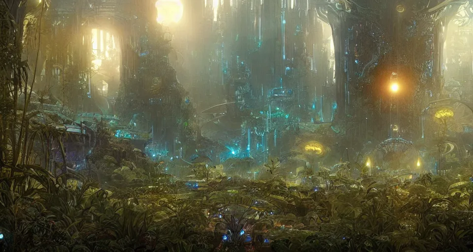 Prompt: Cyber space forest scene, Giant Aztec space city, fantasy, two moons lighting, intricate details ,by denis villeneuve, Ridley Scott, Greg Rutkowski and Alphonse Mucha