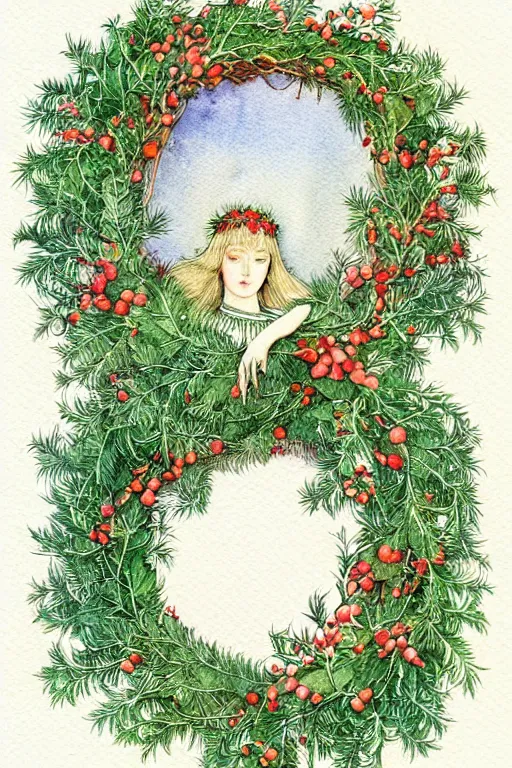 Image similar to realistic watercolor painting of a wreath of holly on a white background, detailed art by kay nielsen and walter crane, illustration style, watercolor