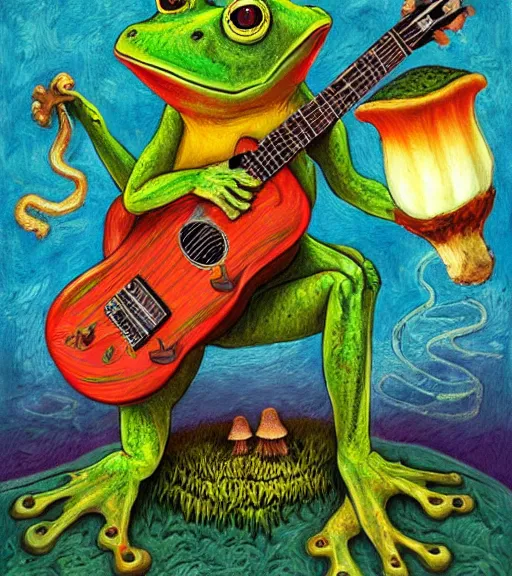 Prompt: a frog playing guitar on a hallucinogenic mushroom justin gerard