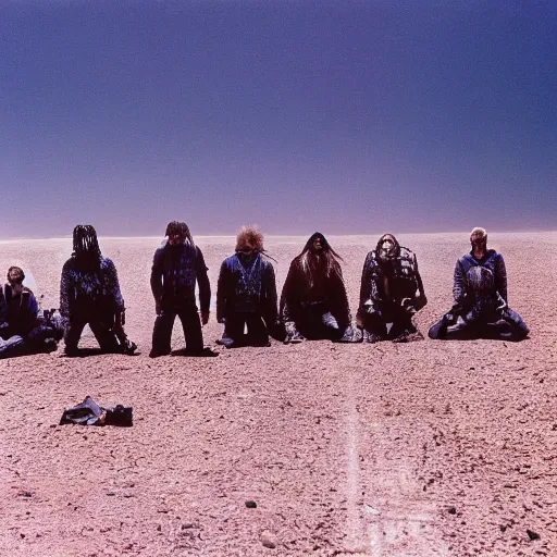 Image similar to film still, extreme far view, slipknot in mad max, apocalypse, desert, 2 6 mm, kodak ektachrome, blue tint expired film