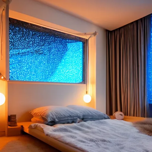 Image similar to calm photo of a futuristic otaku bedroom, bokeh + calm lighting