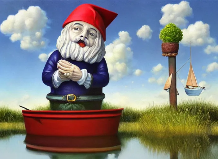 Image similar to a garden gnome sailing in a bucket, background of a reflective pond on a sunny day with dramatic clouds, an ultrafine detailed painting by mark ryden, trending on deviantart, pop surrealism, whimsical, lowbrow, joyous, perfect symmetrical face