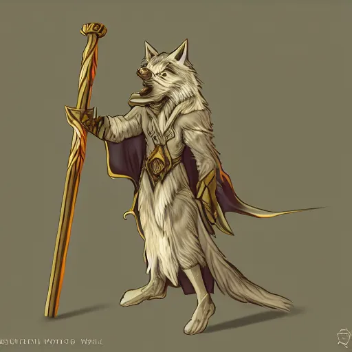 Image similar to wizard is holding a staff as a wolf, dynamic pose, chromatic aberration , medium level shot, fantasy, illustration, concept art,