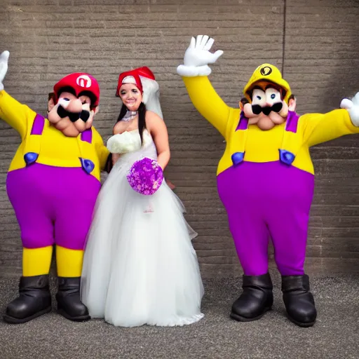 Image similar to Ultra HD photo of a Wario-themed wedding, bride and groom dressed as Wario and Waliuigi, all guests dressed up as Mario characters, award winning wedding photography, 8k resolution, extremely realistic