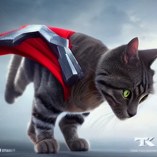 Prompt: A cat in the costume of Thor the Marvel superhero, ultra realistic, 8K, very detailed, concept art,