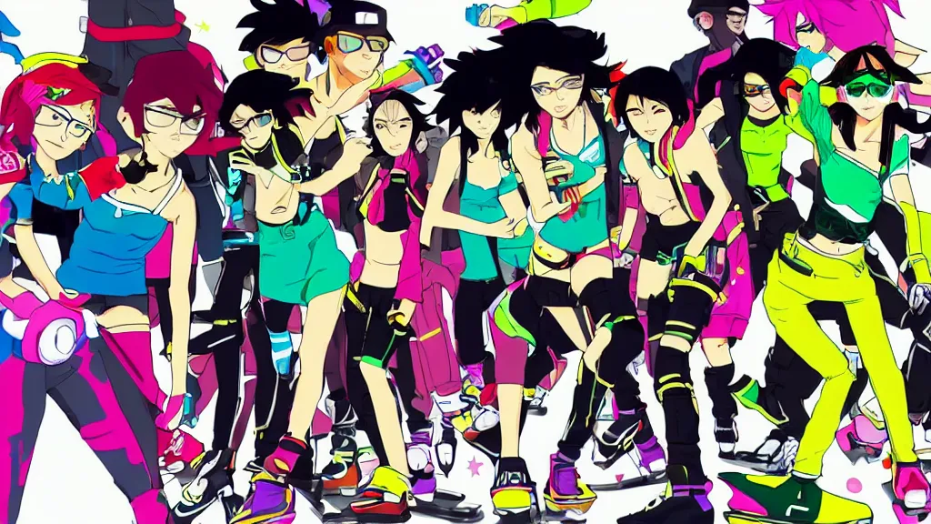 Image similar to jet set radio style anime, with diverse female characters on skates, set in colourful future city