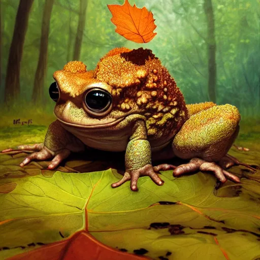 Prompt: soulful long shot of a crazy toad baby sitting under a big leaf, by esao andrews, by m. w. kaluta, ultra humorous illustration, small depth of field, perspective perception, volumetric light, psychedelic colors, 3 d octane render, 8 k, conceptart, hyperdetailed, hyperrealistic, trending on artstation