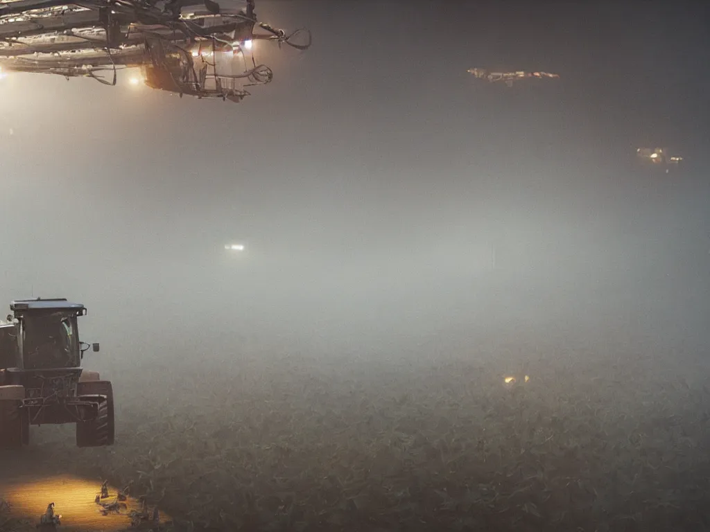 Prompt: farmer flying his harvest machine at a vertical farm in blade runner 2 0 7 2, cinestill, denis villeneuve, atmospheric, morning light, foggy, futuristic, ultra - hd, ultra - realistic