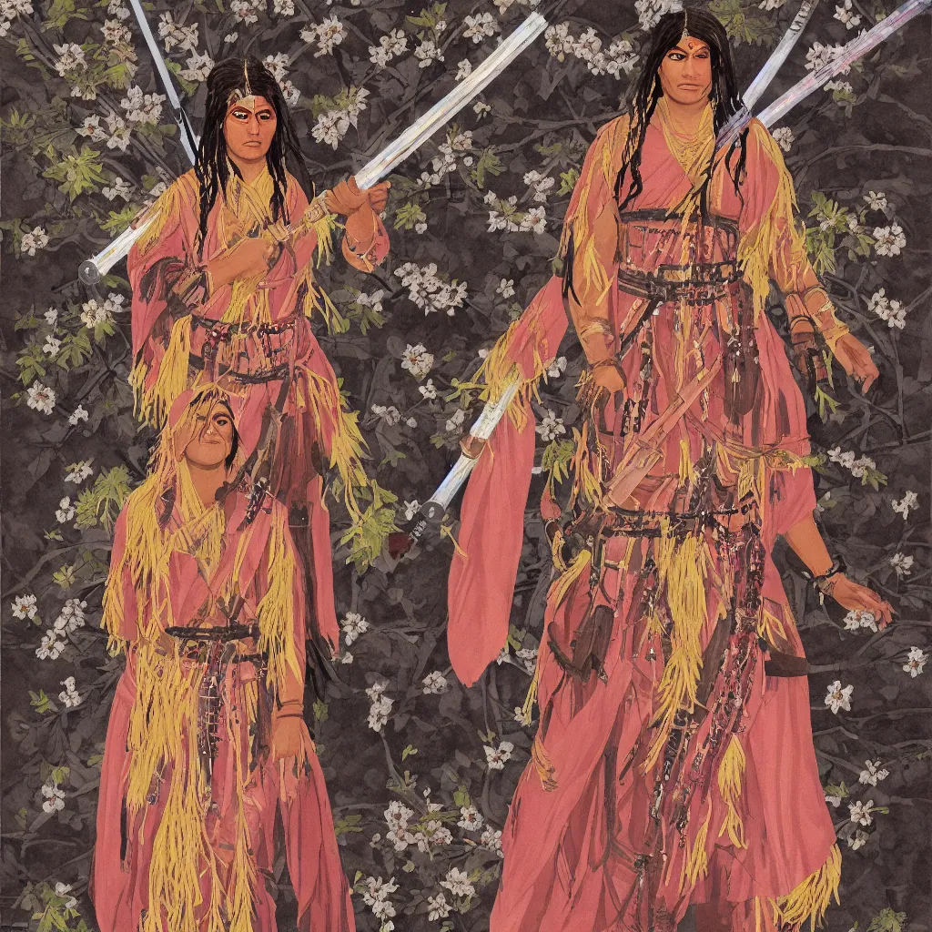 Prompt: full body portrait of Iroquois warrior princess souronded with the Indian crowd of fighters in fighting poses , she holds light saber and looks directly into the camera, blossoming sakura leafs falls into the river, beautiful symmetrical face, big eyes, big lips, ornamental semi transparent robes, native rich jewelry