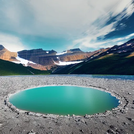 Image similar to beautiful alien lake, mountain, glacier national park, exotic, colorful, 8 k render, octane render