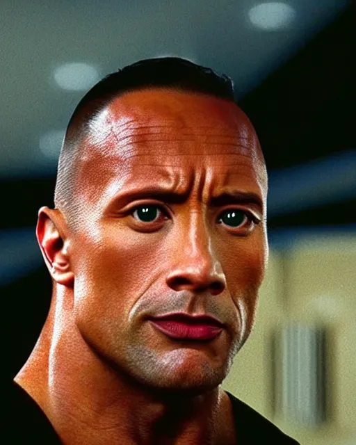 Prompt: Film still close-up shot of Dwayne Johnson as James Bond from the movie Goldeneye. Photographic, photography