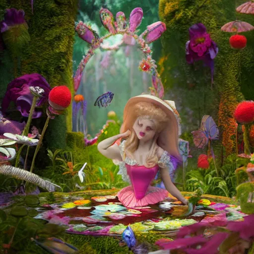 Image similar to alice in wonderland, art nouveau, by rachel ruysch and lisa frank, 8 k, sharp focus, octane render