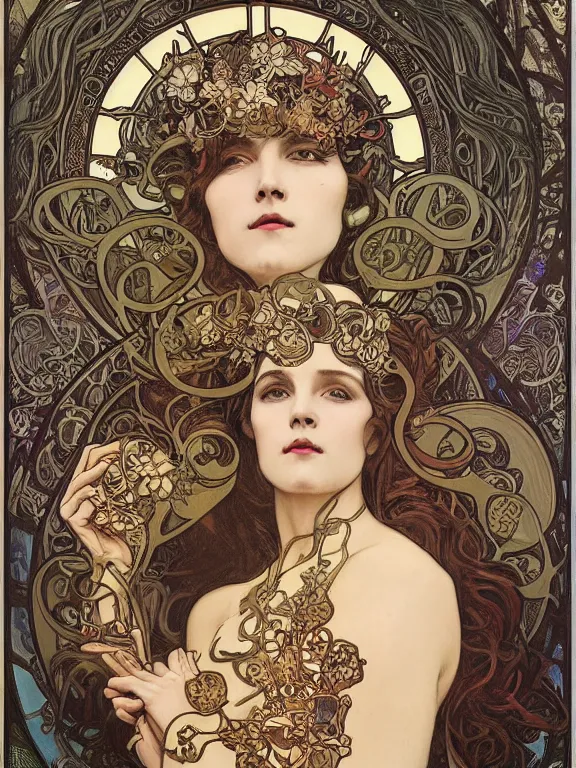 Image similar to an art nouveau mucha poster portrait oil painting of a ancient and powerful deity, surrounded by thousands of spiraling black ribbons, intricate, detailed, smooth, complex, elaborate, by borja, and chris skinner