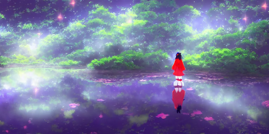 Prompt: reimu walking in a cloud pond forest, shrine, dreamscape, cinematic, shooting stars, mirror reflection, midnight, moon glow, vibrant colors, digital anime illustration, award winning, by makoto shinkai