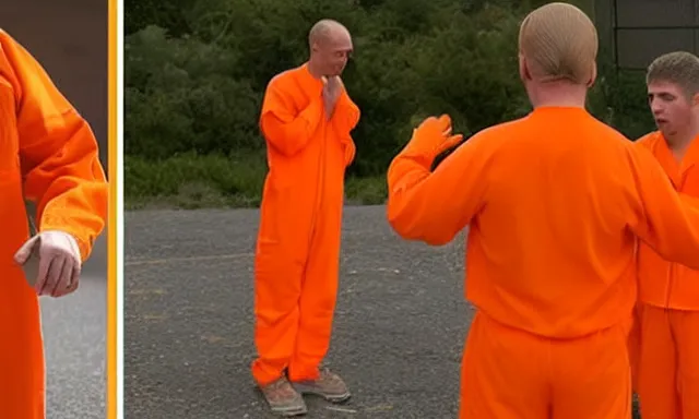 Prompt: guantanamo bay prison prisoners in orange jump suit crying. one of them is!! donald trump!!, photograph, realistic, dramatic lighting