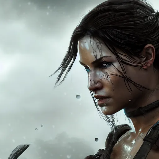 Prompt: Lara croft as viking, wet face , heavy rain ,dramatic, intricate, highly detailed, concept art, smooth, sharp focus, illustration, Unreal Engine 5, 8K