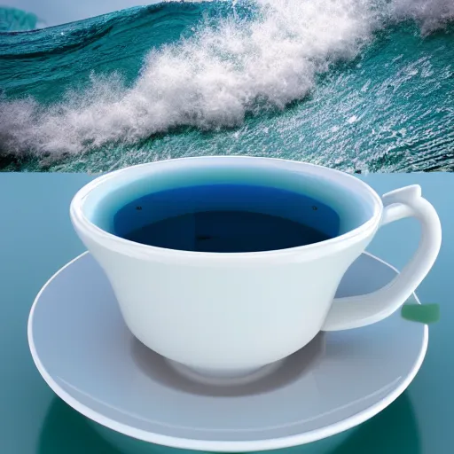 Prompt: teacup filled with the ocean, octane render, moddy lighting, big waves, white tea cup, ultra realistic, detailed,