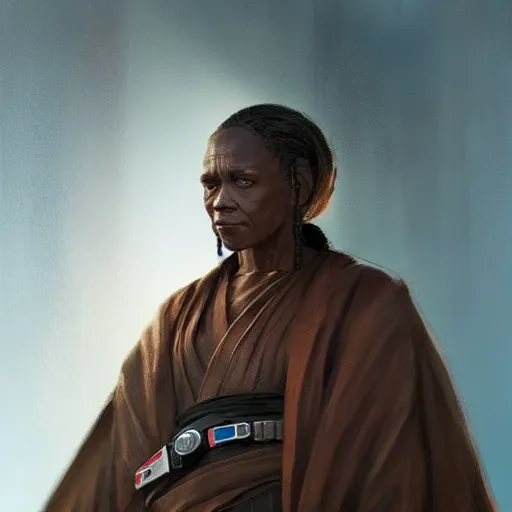 Prompt: portrait of a woman by greg rutkowski, old jedi master, afroamerican, wise and serene, star wars expanded universe, she is about 7 0 years old, wearing jedi robes.