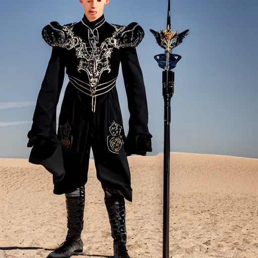 Image similar to medium face shot of adult Austin Butler dressed in futuristic-baroque black-prussian blue garb with Griffin-Ram embroidery emblem, and nanocarbon-vest and greaves, standing in an arena in Dune 2021, XF IQ4, f/1.4, ISO 200, 1/160s, 8K, face in-frame