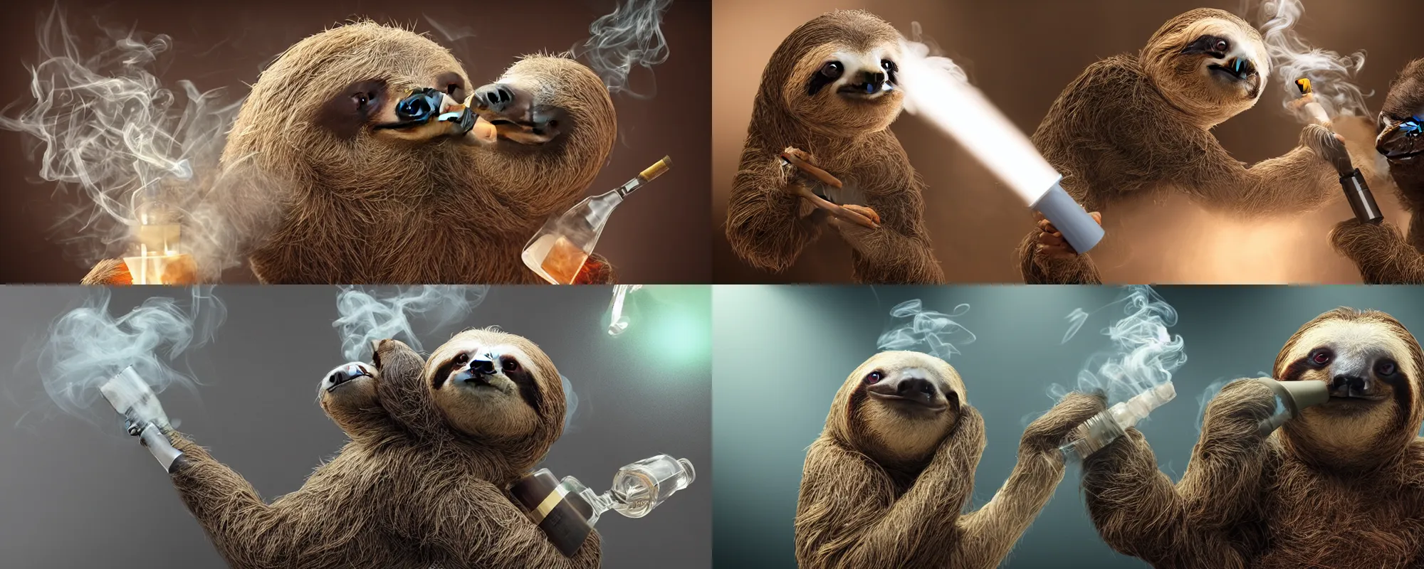 Prompt: a sloth exhaling smoke, a sloth using a bong, volumetric lighting, hyper realistic