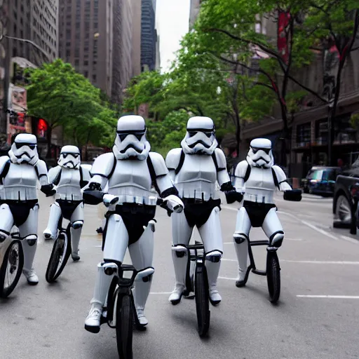 Prompt: several stormtroopers riding unicycles on Park Ave in New York City, 4k photography