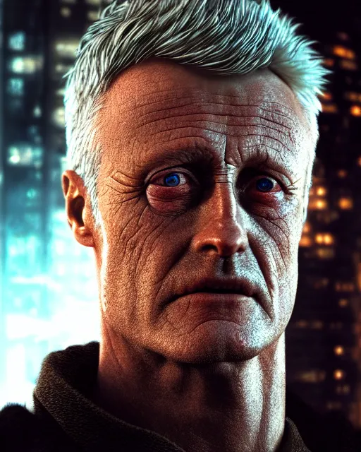 Prompt: a close up portrait of roy batty from blade runner, rainy streets in the background, digital art by joseph karl stieler and ross tran, highly detailed, octane render, trending on artstationhq