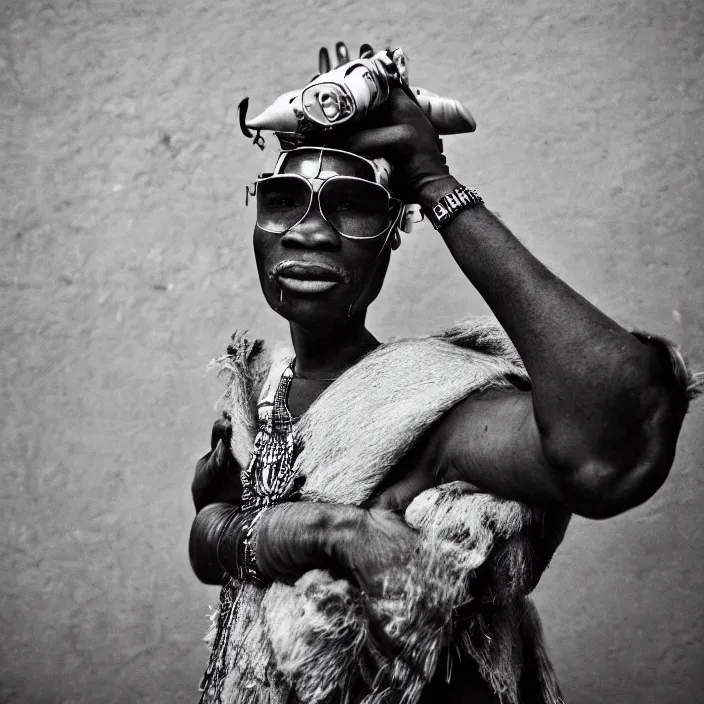 Prompt: an analogue symmetrical photo of an Tribal Igbo man wearing futuristic mech eyewear, black & white, 35mm, f/1.4,