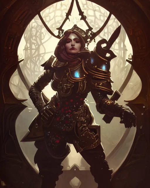 Image similar to a warhammer 40k inquisitor, art nouveau, D&D, fantasy, intricate, elegant, highly detailed, digital painting, artstation, concept art, matte, sharp focus, illustration, hearthstone, art by Artgerm and Greg Rutkowski and Alphonse Mucha