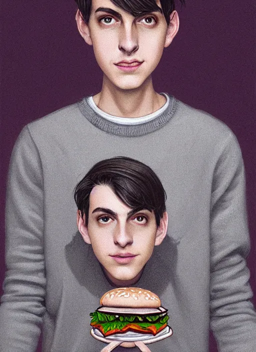 Image similar to portrait of teenage jughead jones wearing a light grey crown, photorealistic, crown, sweater with letter s on it, hamburger, eyes closed, crown, black hair, intricate, elegant, glowing lights, highly detailed, digital painting, artstation, concept art, smooth, sharp focus, illustration, art by wlop, mars ravelo and greg rutkowski