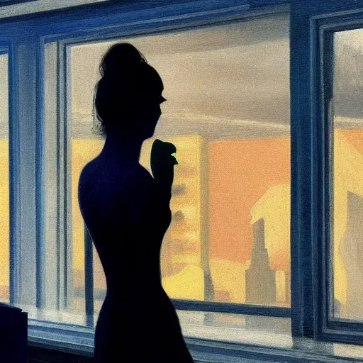 Image similar to silhouette of Elle Fanning in the world of Edward Hopper, stormy weather, extremely detailed masterpiece, oil on canvas, low-key neon lighting, artstation, Blade Runner 2049, Roger Deakin’s cinematography, by J. C. Leyendecker and Peter Paul Rubens,