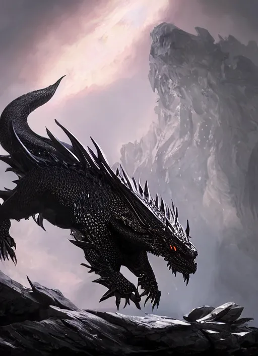 Prompt: one epic Black dragon with shiny scales guarding a dragon egg , dramatic lighting, cinematic, establishing shot, extremly high detail, photo realistic, cinematic lighting, post processed, concept art, artstation, matte painting, style by eddie mendoza, raphael lacoste, alex ross