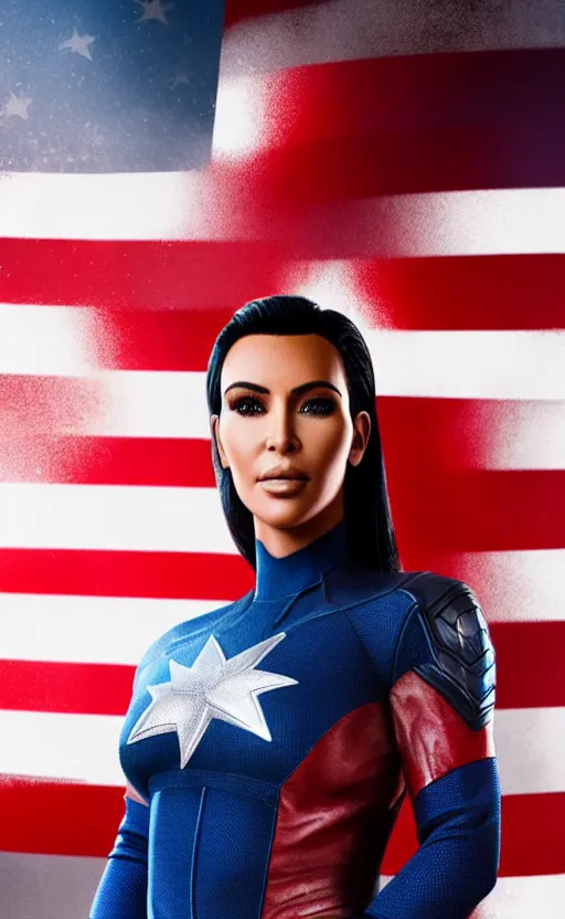 Image similar to Portrait of Kim kardashian as captain america, splash art, movie still, cinematic lighting, dramatic, octane render, long lens, shallow depth of field, bokeh, anamorphic lens flare, 8k, hyper detailed, 35mm film grain