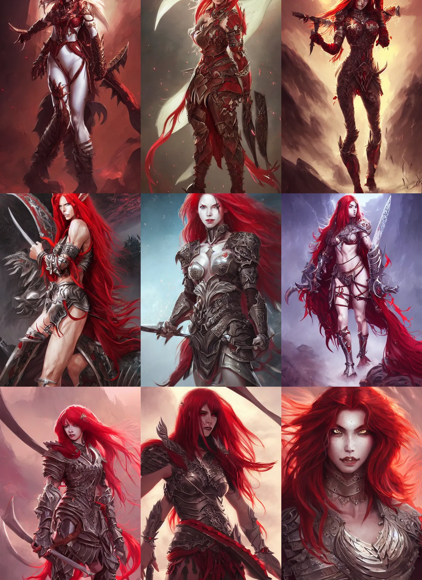 Prompt: beautiful warrior lady, red long hair, practical armor, shiny white skin, demonic eyes, low fantasy, extremely detailed, sharp focus, smooth, digital illustration, by rossdraws, frank franzzeta, sakimichan